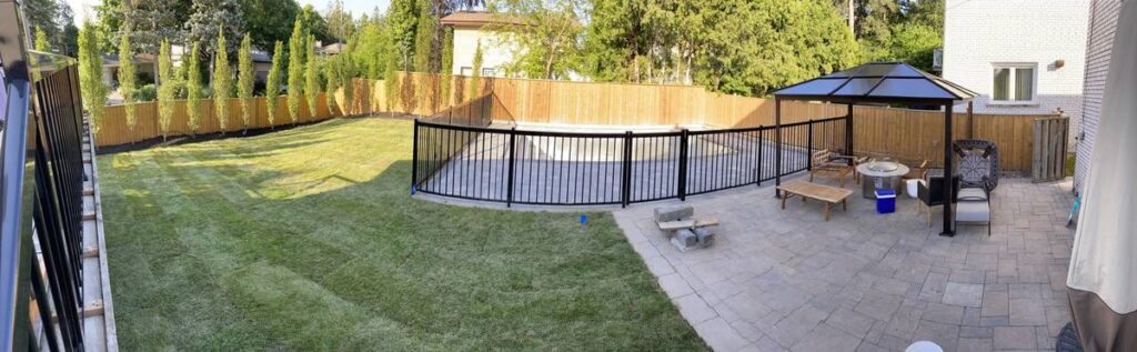 Finished interlocking pool patio, gazebo pad and new sod lawn in North York